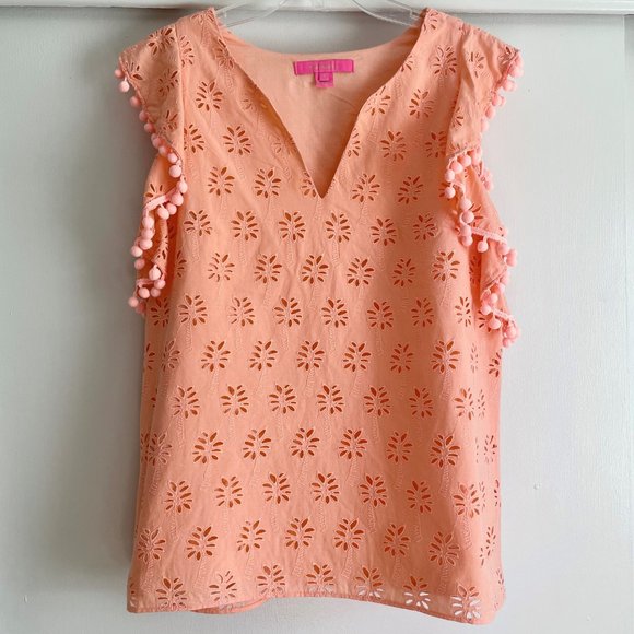 Lilly Pulitzer Astara Top Peach Palm Tree Eyelet Pom Pom Sleeve V Neck Blouse S - Picture 7 of 12